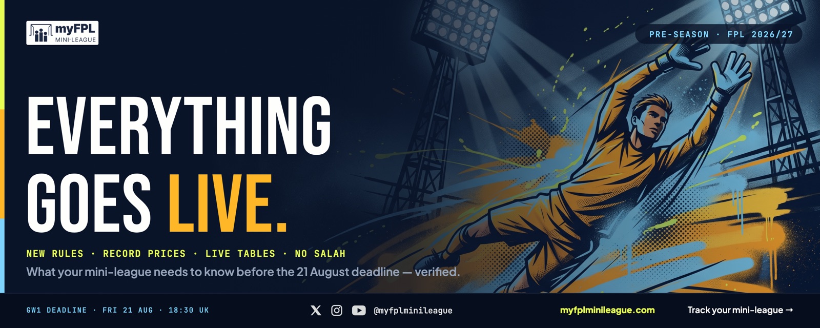 An illustrated goalkeeper diving across a floodlit stadium, under the headline Everything Goes Live and the strapline new rules, record prices, live tables, no Salah.