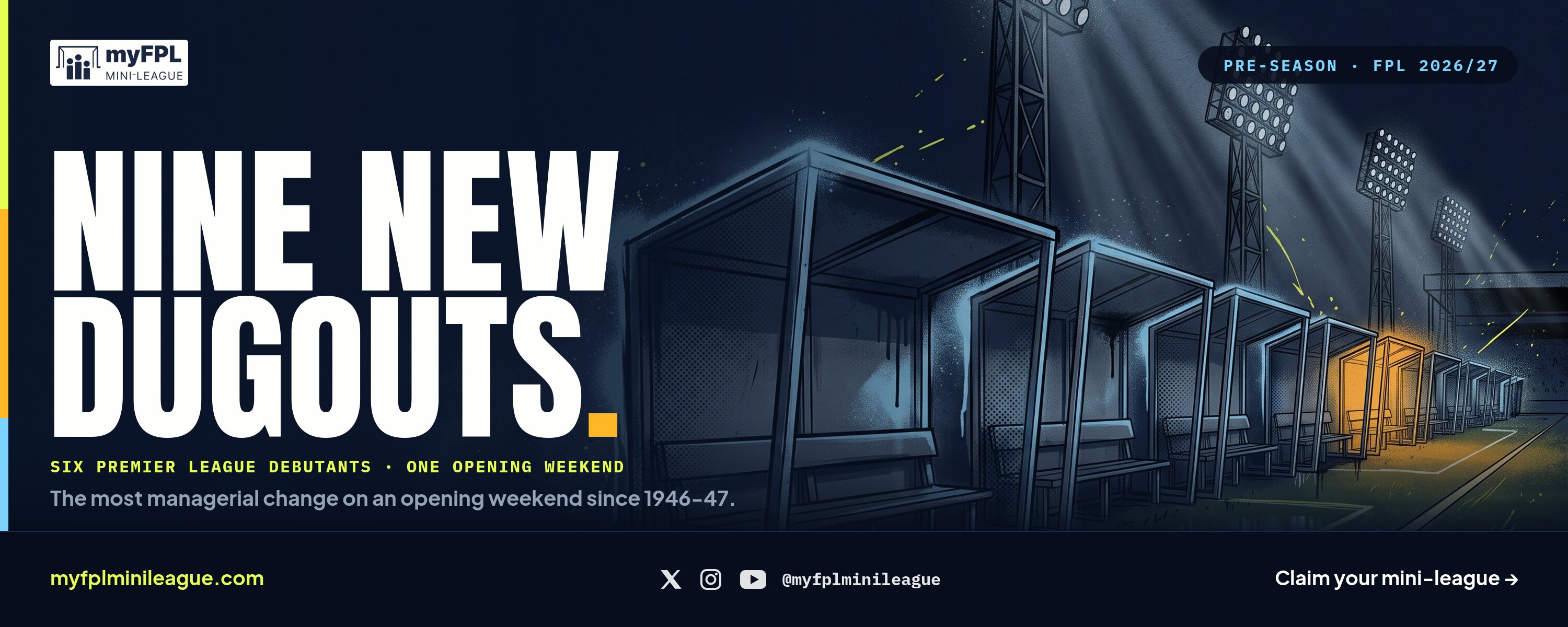 Floodlit Premier League dugouts with the headline Nine new dugouts and the strapline what it does to your Gameweek 1 draft.