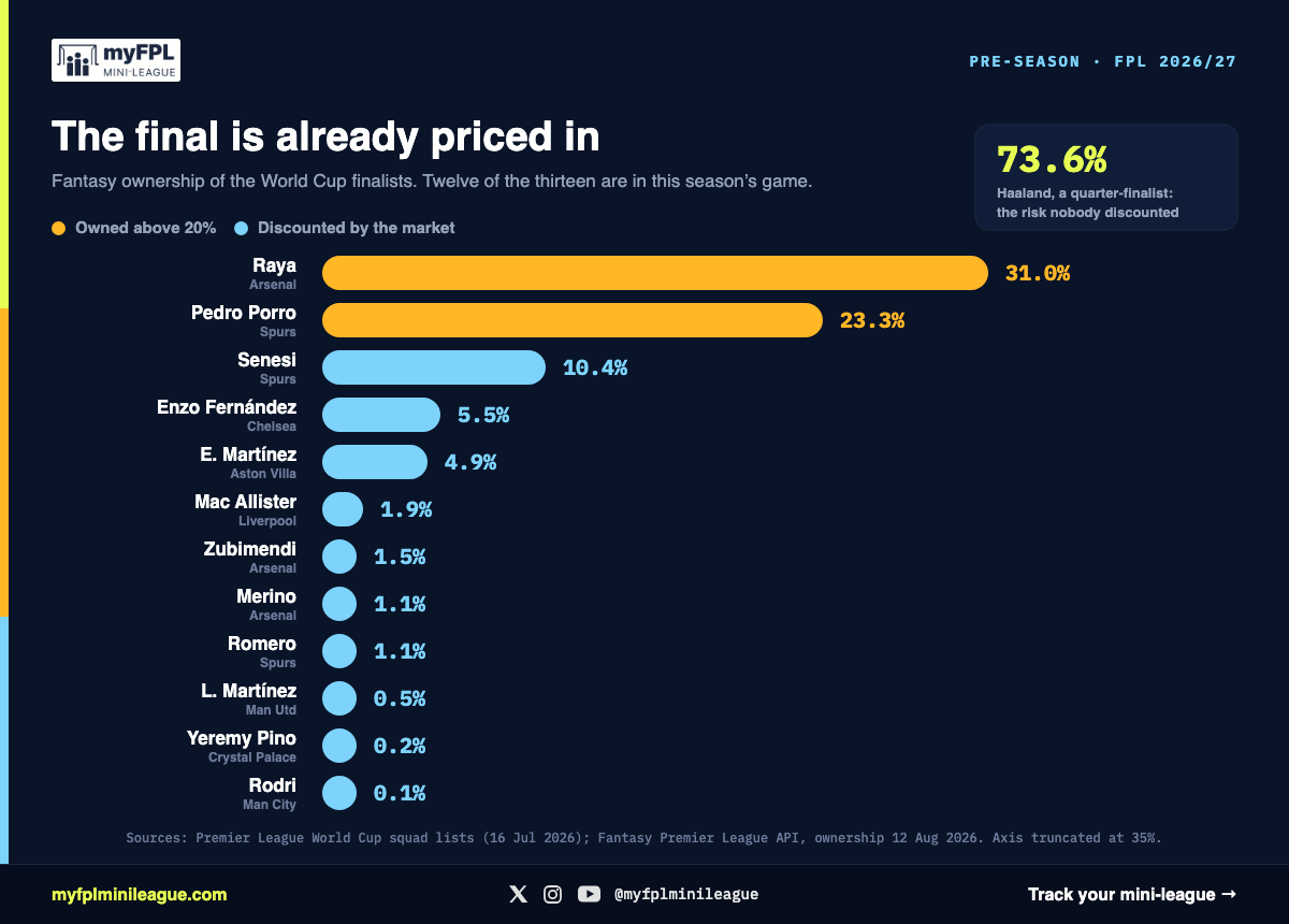 Bar chart of Fantasy ownership for the 2026 World Cup finalists. Only David Raya at 31 per cent and Pedro Porro at 23 per cent are owned above a fifth of squads, while Erling Haaland, a quarter-finalist, sits at 74 per cent.